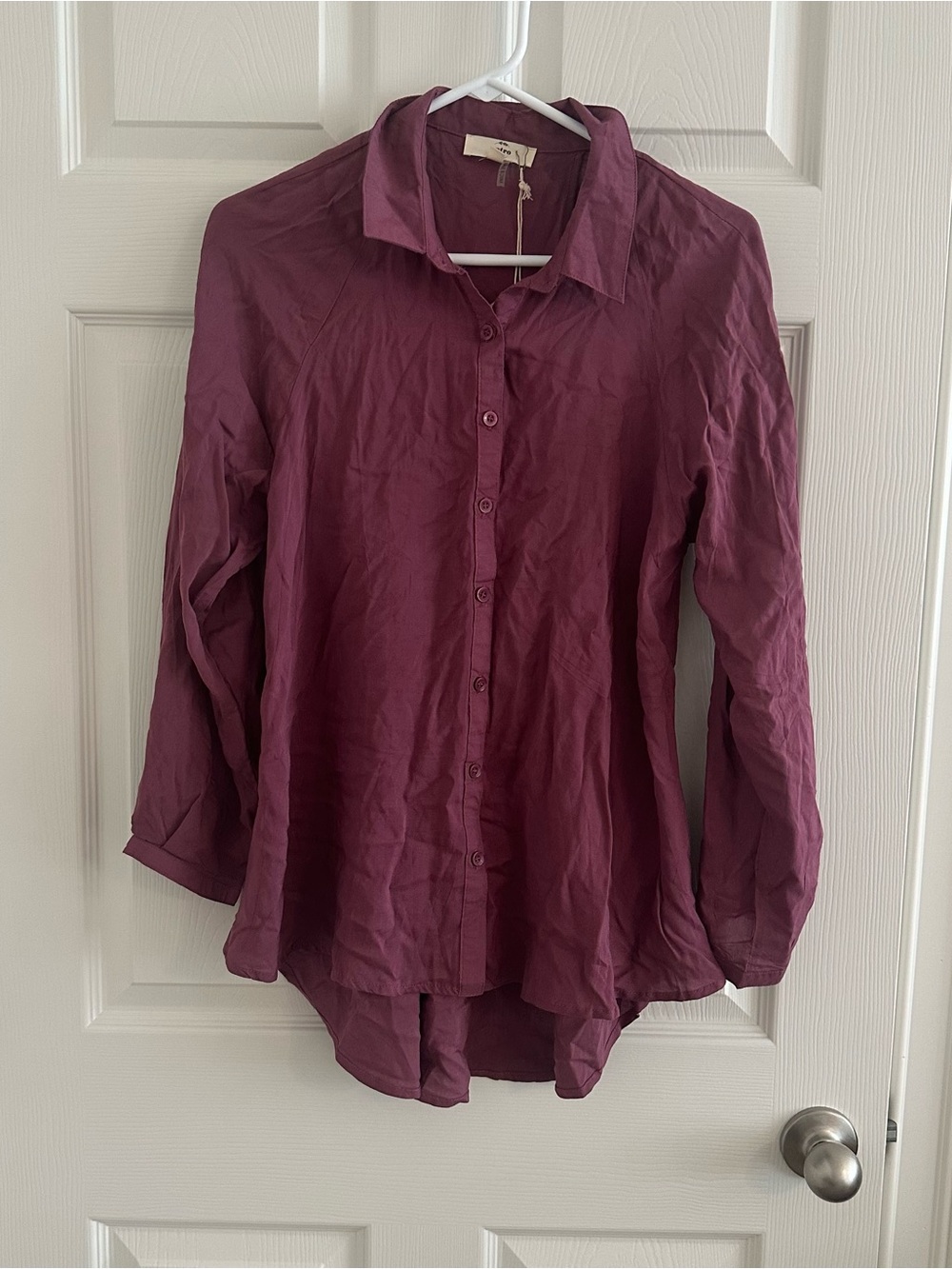 Entro Plum Purple Long Sleeve Button Down Blouse High Low Hem Top Size M